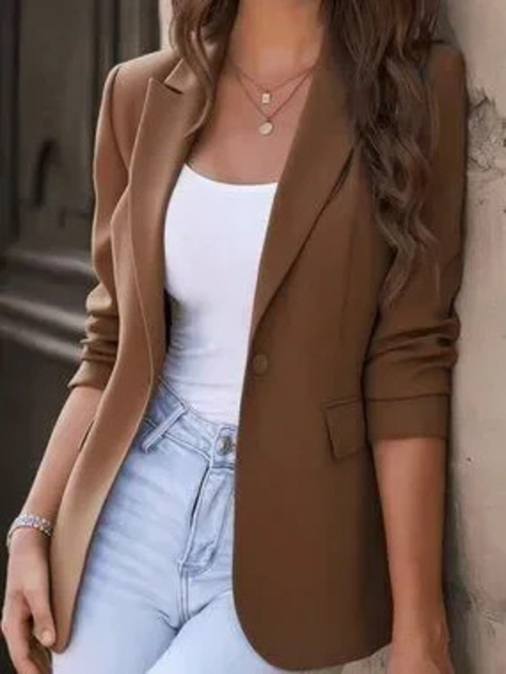 Brown Elegant Women's Long Sleeve Blazer =Button Detail